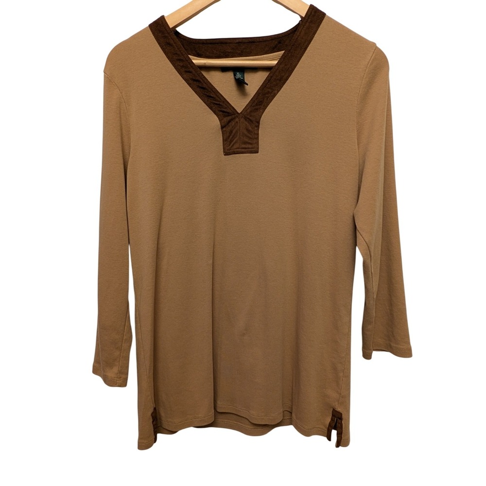 Lauren Ralph Lauren Women's Brown Cotton V Neck 3/4‎ Sleeve Shirt Top Tunic XL
